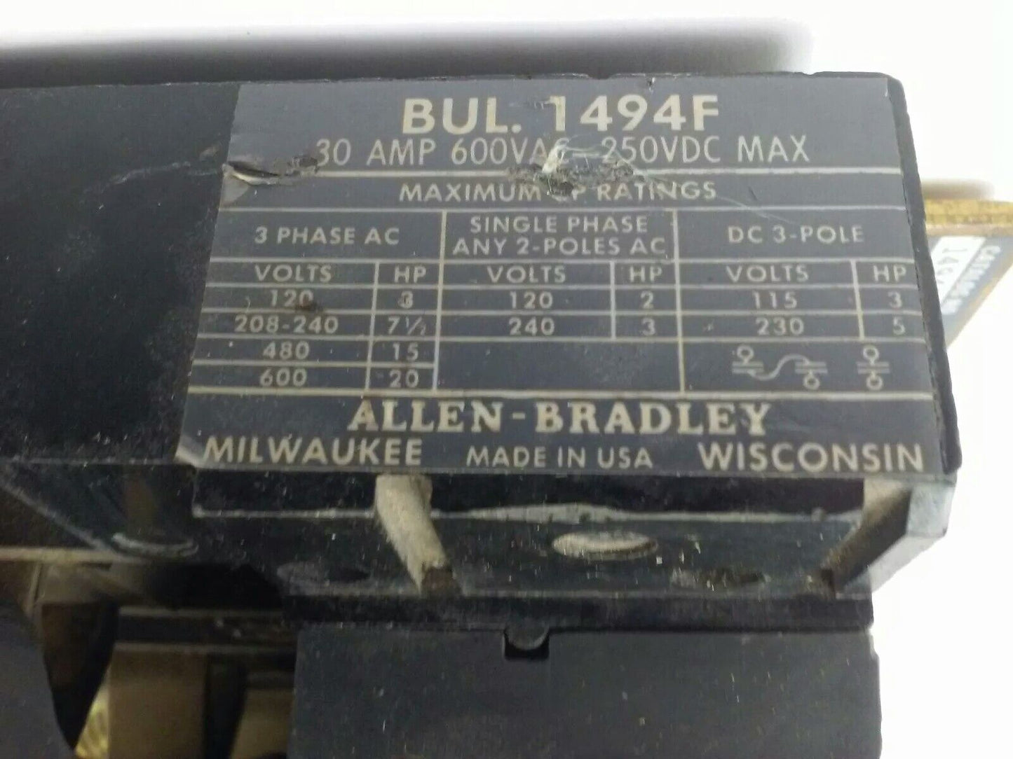 ALLEN BRADLEY 1494F-NF30 SER. A FUSIBLE DISCONNECT SWITCH, 3PH, 30A, 600V, 20HP