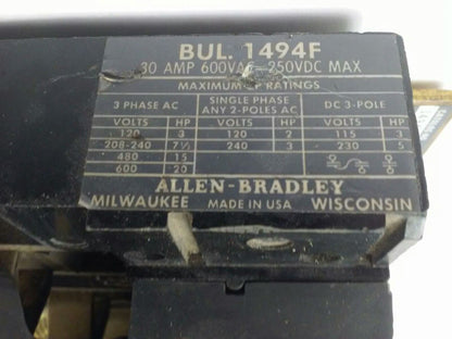 ALLEN BRADLEY 1494F-NF30 SER. A FUSIBLE DISCONNECT SWITCH, 3PH, 30A, 600V, 20HP