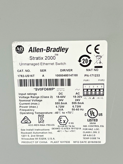 ALLEN BRADLEY 1783-US16T SER B DIR/VER 10002688707/01 SWITCH ETHERNER 16 PORT