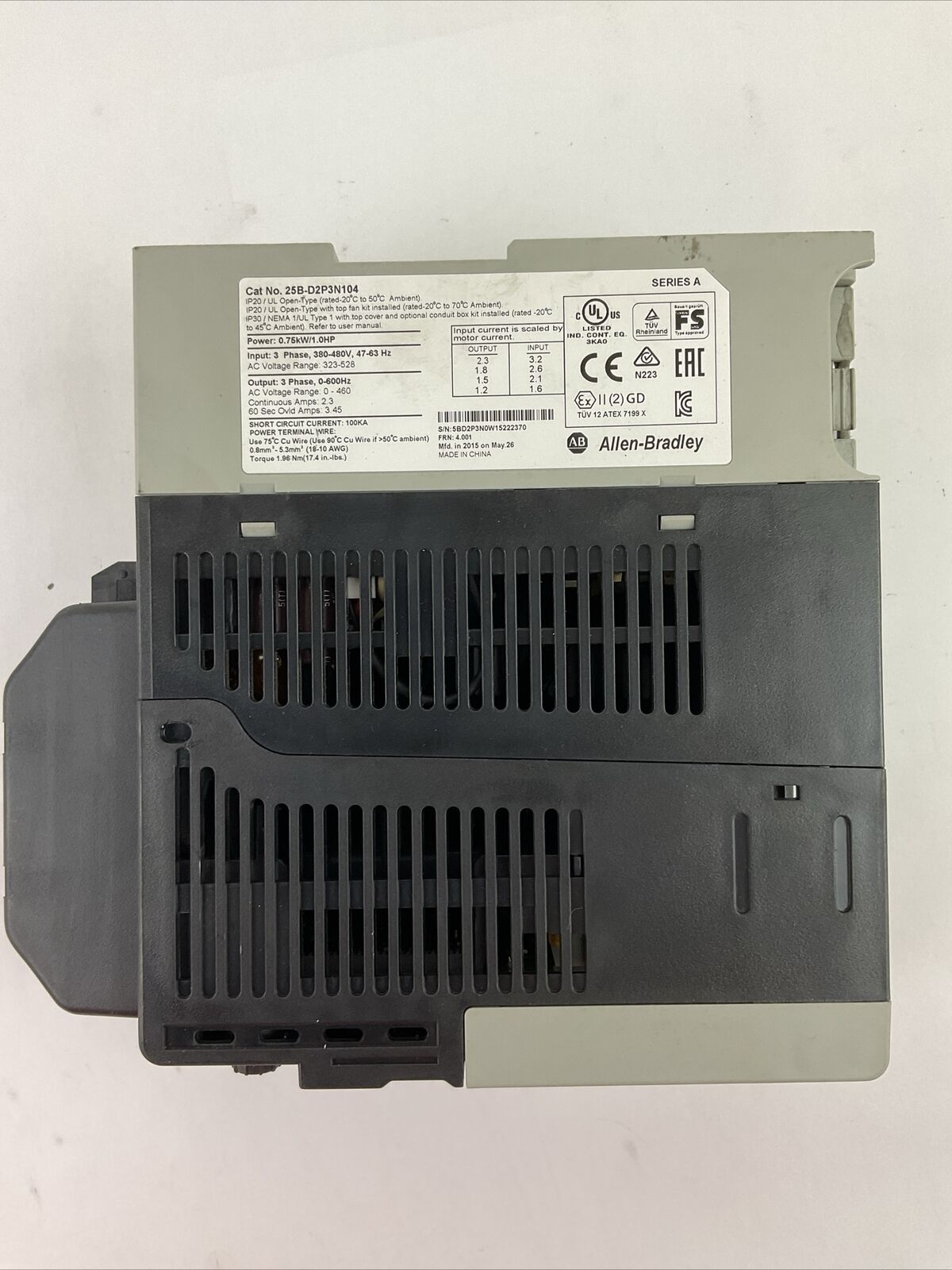 ALLEN BRADLEY 25B-D2P3N104 AC DRIVE FRN 4.001 SER A OUTPUT 0-460VAC 25-FAN1-70C