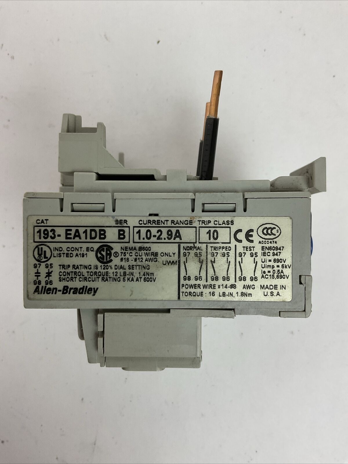 ALLEN BRADLEY 193-EA1DB OVERLOAD RELAY SER B 1.0-2.9A TRIP CLASS 10