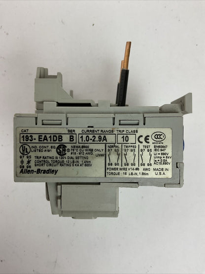 ALLEN BRADLEY 193-EA1DB OVERLOAD RELAY SER B 1.0-2.9A TRIP CLASS 10