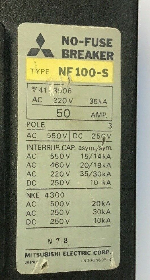 MITSUBISHI NF 100-S CIRCUIT BREAKER 50AMP 550VAC/250VDC 3POLE