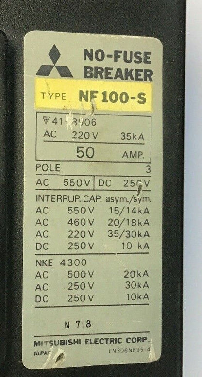 MITSUBISHI NF 100-S CIRCUIT BREAKER 50AMP 550VAC/250VDC 3POLE