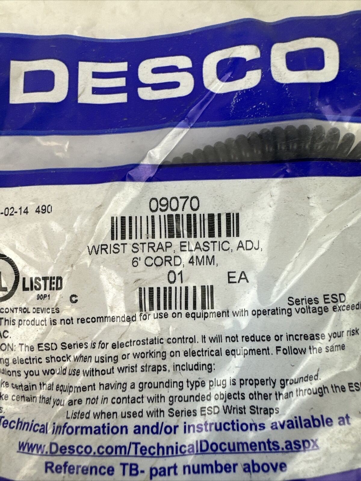 DESCO 09070 WRIST STRAP ELEASTIC ADJ 6' CORD 4MM