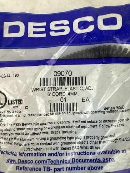 DESCO 09070 WRIST STRAP ELEASTIC ADJ 6' CORD 4MM