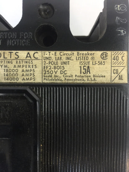 ITE GOULD SIEMENS EF2-B015 CIRCUIT BREAKER 2POLE 15A 250VDC