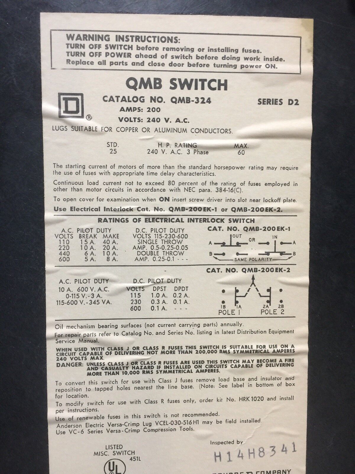 SQUARE D QMB-324 PANELBOARD SWITCH 200AMP 240VAC