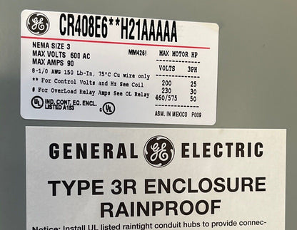 GE 408E602H21AAAAA SIZE 3 COMBINATION STARTER FUSIBLE 600VAC 90AMP 50HP TYPE 3R