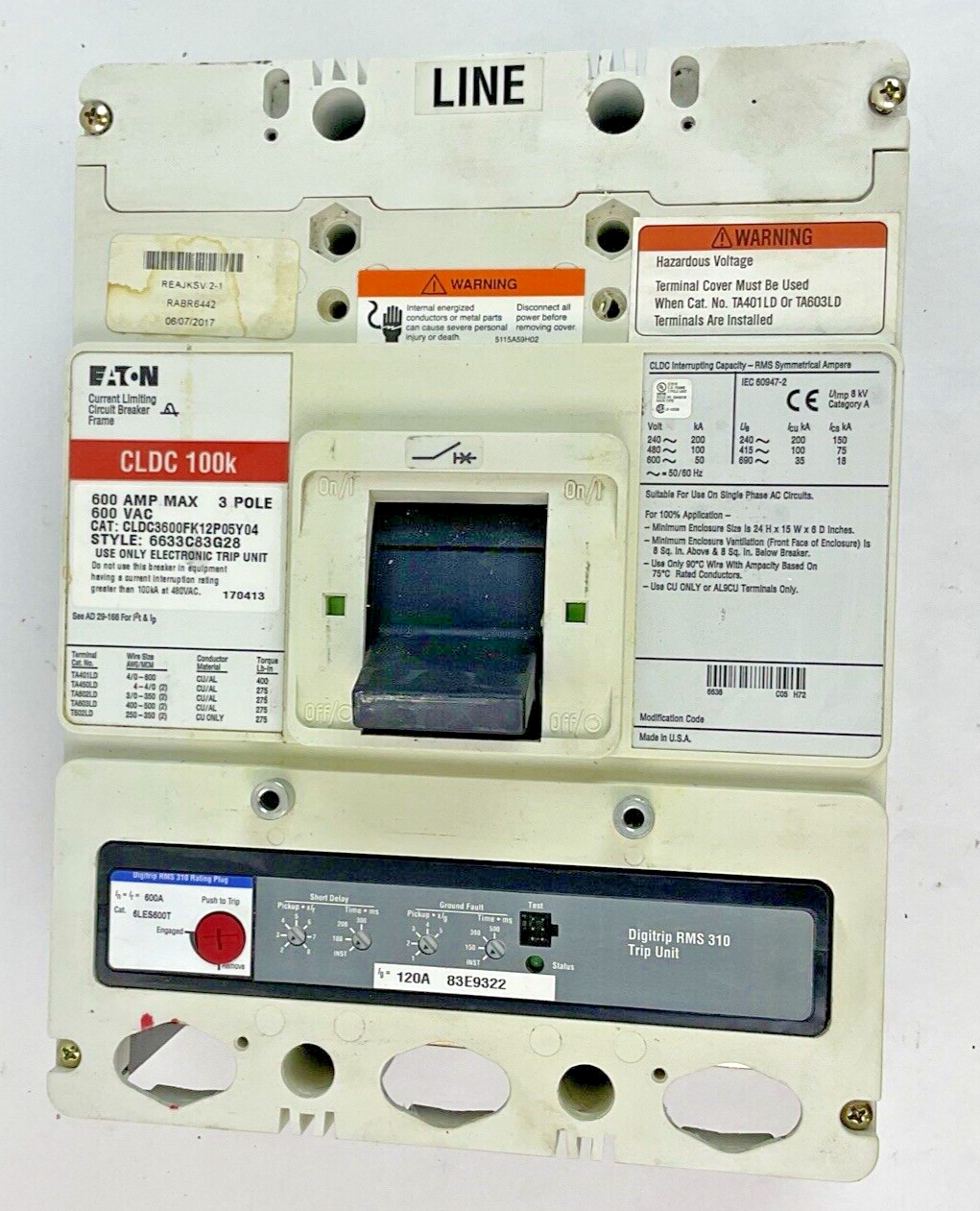 EATON CLDC36000FK12P05Y04 CIRCUIT BREAKER 600A/ 6LES600T 120A TRIP