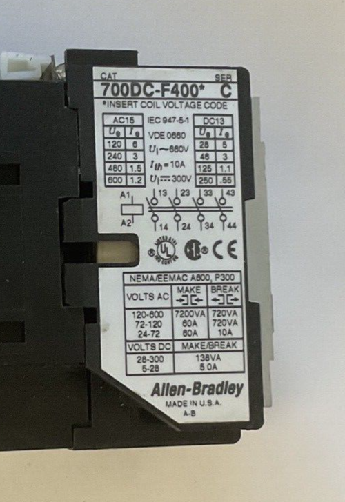 ALLEN BRADLEY 700DC-F400* CONTROL RELAY  SER.C 40E 10A 660V