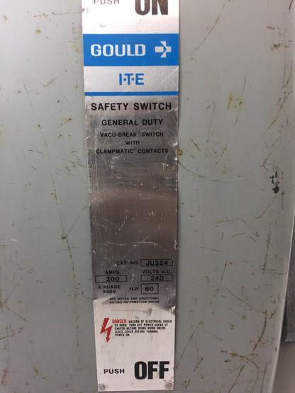 GOULD JU324 VACU-BREAK SWITCH WITH CLAMPMATIC  CONTACTS 200 AMPS 3 PHASE 240 VAC