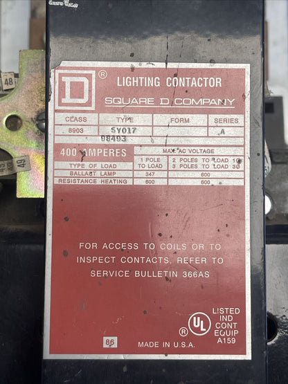 SQUARE D 8903 SY017 LIGHTING CONTACTOR SER A 400AMP 600VAC COIL 480/440V 50/60HZ