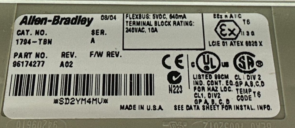 ALLEN BRADLEY 1794-TBN SER A REV A02 FLEXBUS 5VDC I/O TERMINAL BASE 240VAC