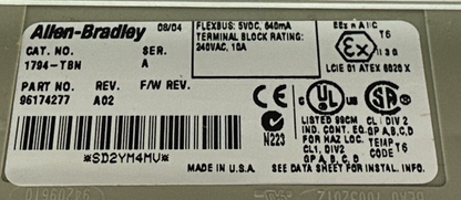 ALLEN BRADLEY 1794-TBN SER A REV A02 FLEXBUS 5VDC I/O TERMINAL BASE 240VAC