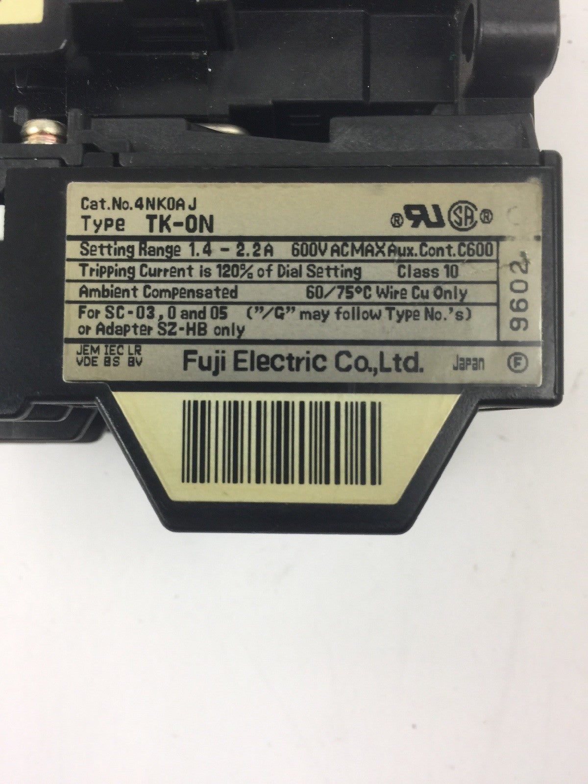 FUJI ELECTRIC 4NC0F0#10 TYPE SC-0 CONTACTOR 4NK0AJ TYPE TK-0N OVERLOAD RELAY