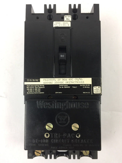 WESTINGHOUSE FB2090PL TRI PAC CKT BRKR 2P 90A 40C 600 VAC 250 VDC