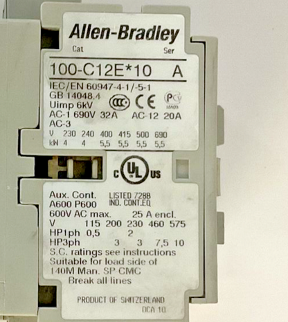 ALLEN BRADLEY 100-C12E*10 SER.A CONTACTOR 24VDC