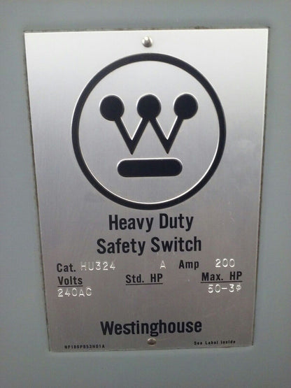 WESTINGHOUSE HU324 NON FUSIBLE SAFETY SWITCH 3P, 200A, 240V, NEMA 1 INDOOR, 50HP