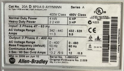 ALLEN BRADLEY POWERFLEX 70 20AD8P0A0AYYNNNN SER A FW 2.009 20-HIM-A3 FW V3.006