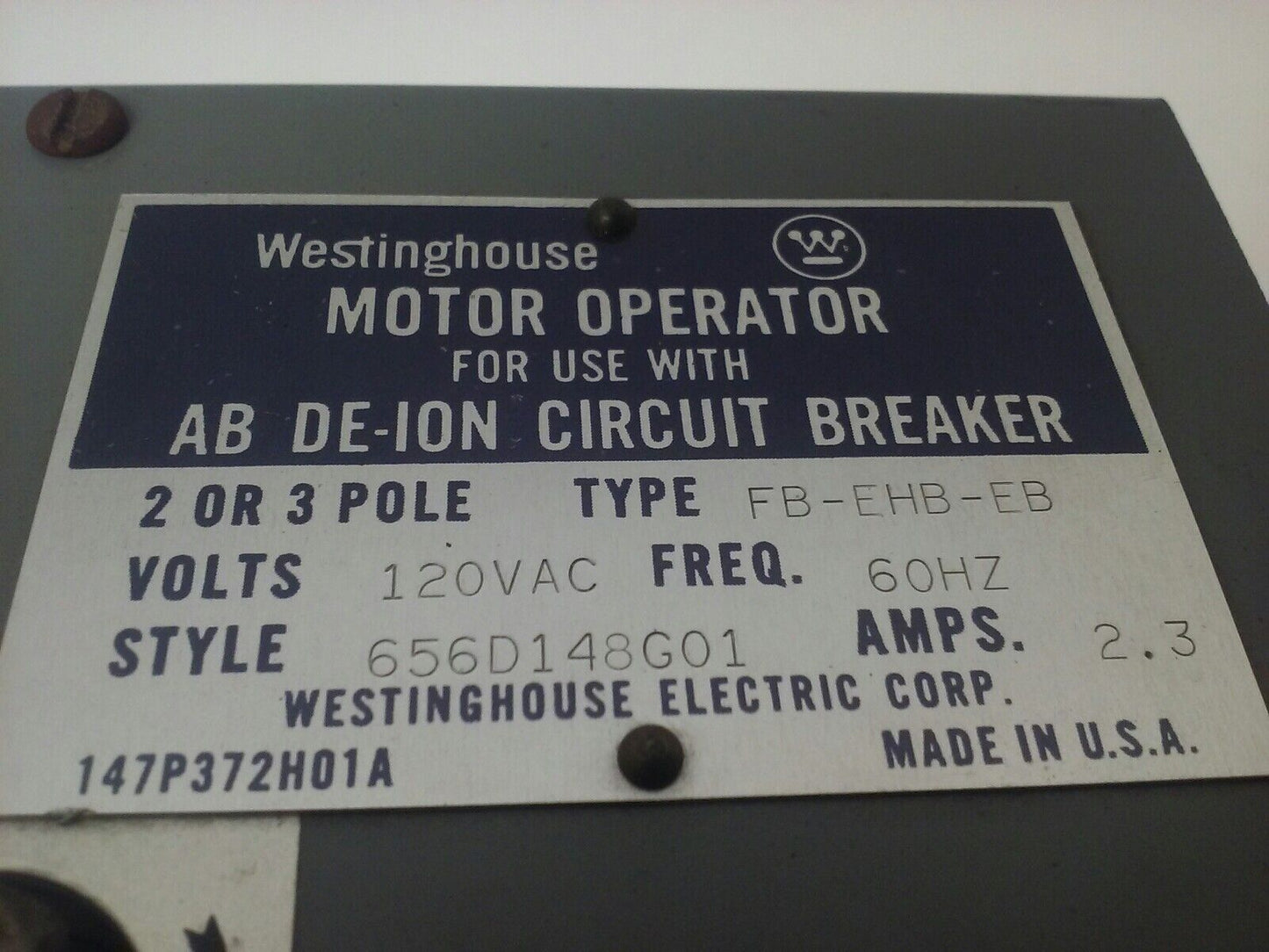 WESTINGHOUSE TYPE FB-EHB-EB 656D148G01 120V 60HZ 2.3A 147P372H01A MOTOR OPERATOR