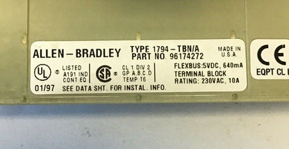 ALLEN BRADLEY 1794-IA8 INPUT MODULE SER.B W/ 1794-TBN/A TERMINAL BLOCK