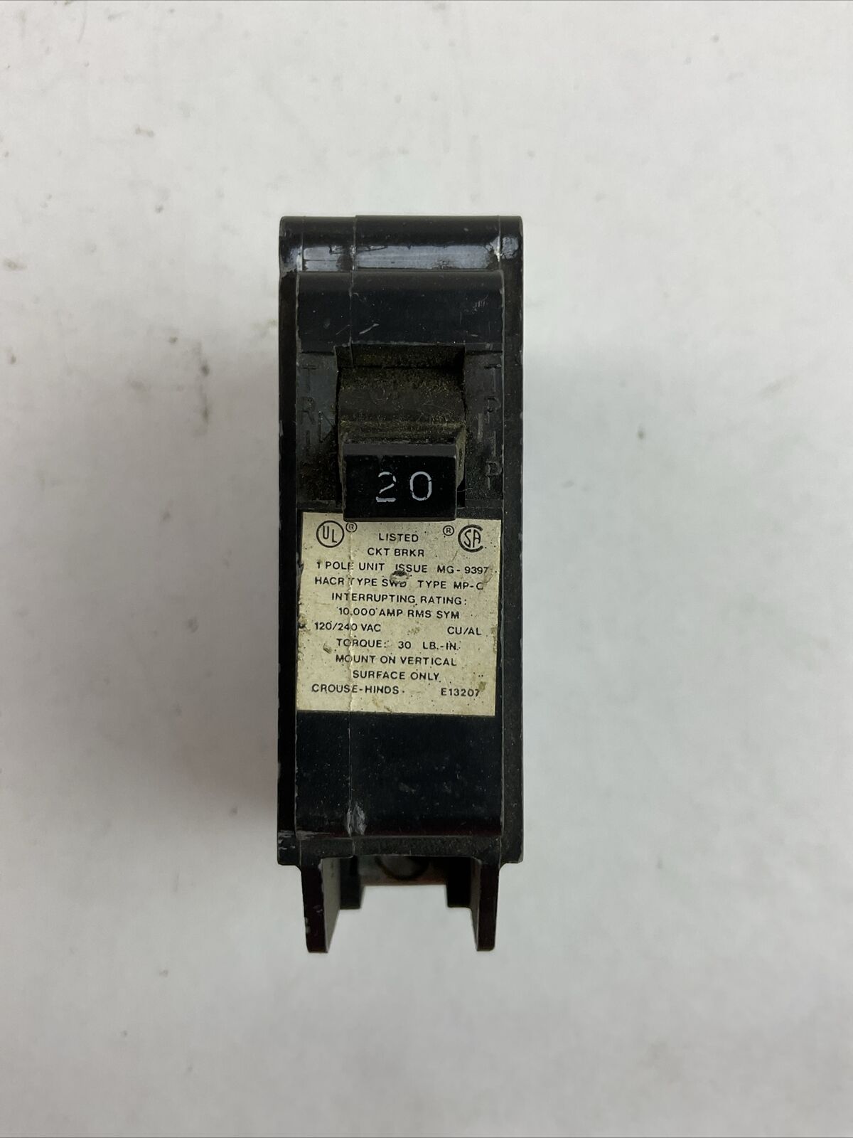 CROUSE-HINDS MP120 1POLE 20AMP 120/240VAC TYPE MP-C CIRCUIT BREAKER