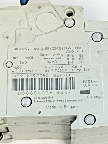 ALLEN-BRADLEY - 1489-M3C050 SER. D - BREAKER - 3P, 5 A, 277 V, 3 HP, 1 PH