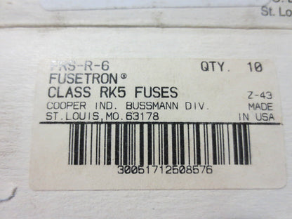 BUSS COOPER BUSSMANN FRS-R6 TIME DELAY LOW-PEAK FUSE 600VAC 6A - NEW SURPLUS