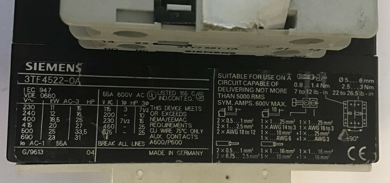 SIEMENS 3TF4522-0A CONTACTOR W/ AUX 3TY7 561-1A 55A 600VAC