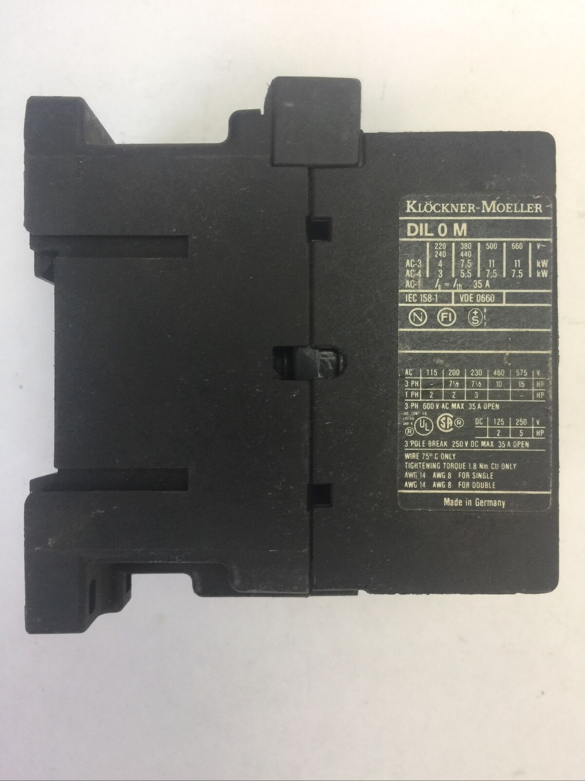 KLOCKNER MOELLER STARTER DIL 0M CONTACTOR 3POLE 250VDC 35A 15HP COIL 120V 60HZ