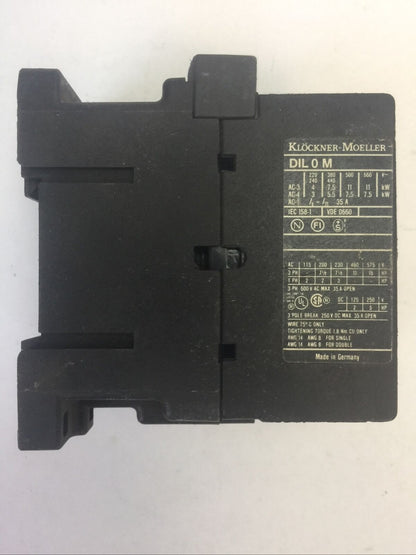 KLOCKNER MOELLER STARTER DIL 0M CONTACTOR 3POLE 250VDC 35A 15HP COIL 120V 60HZ