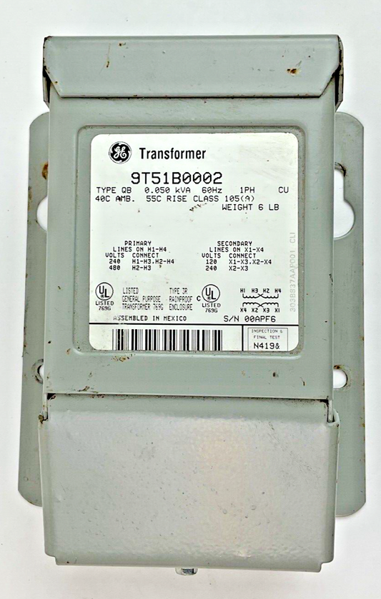 GE TRANSFORMER 9T51B0002 TYPE QB 0.050KVA 60HZ TYPE3R 1PH 480V