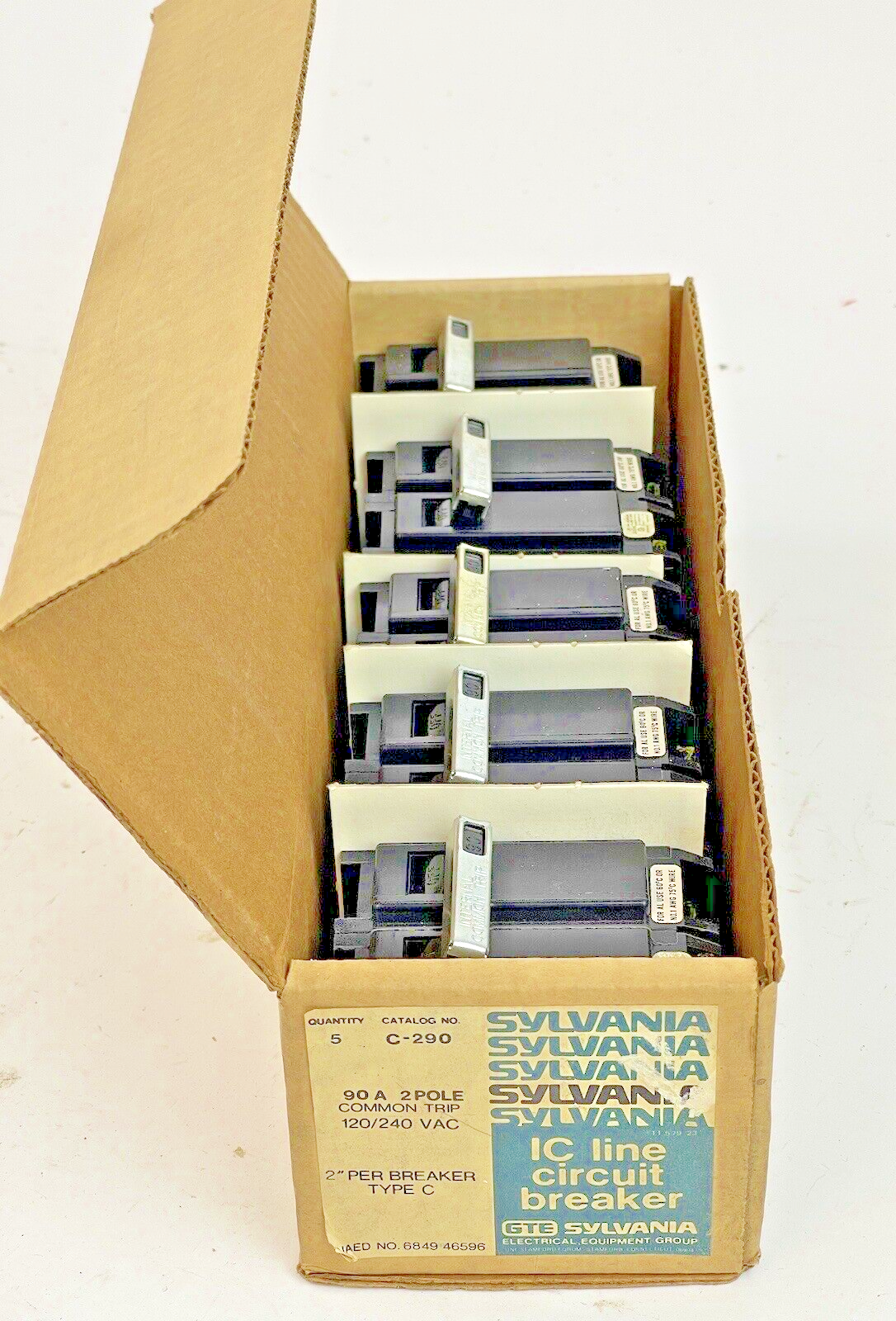 GTE SYLVANIA *BOX OF 5*-C-290- 2 POLE, 90 A, 240 VAC FULL-SIZE CIRCUIT BREAKER