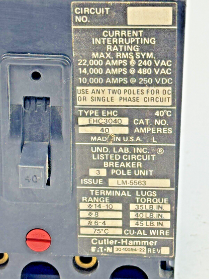 CUTLER-HAMMER / EATON - EHC3040 - CIRCUIT BREAKER - 40A/ 480 VAC/ 3 POLE