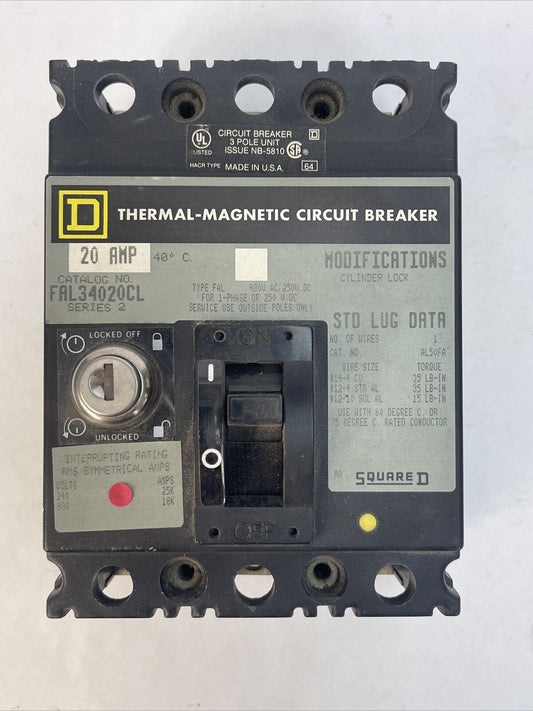 SQUARE D FAL34020CL CIRCUIT BREAKER 20AMP 480VAC 250VDC 3POLE SER 2 *MISSING KEY