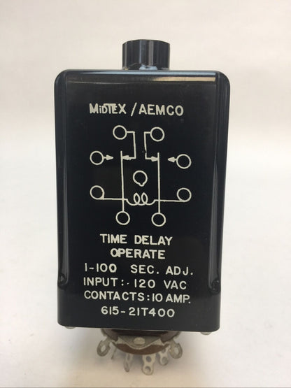 MIDTEX/AEMCO 615-21T400 TIME DELAY RELAY 1-100 SEC ADJ INPUT 120VAC 10AMP