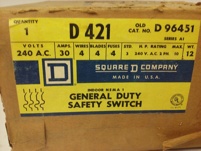 SQ.D GENERAL DUTY SAFETY SWITCH D421, D-421, SER. A1, 240V, 30A, FUSIBLE, NIB