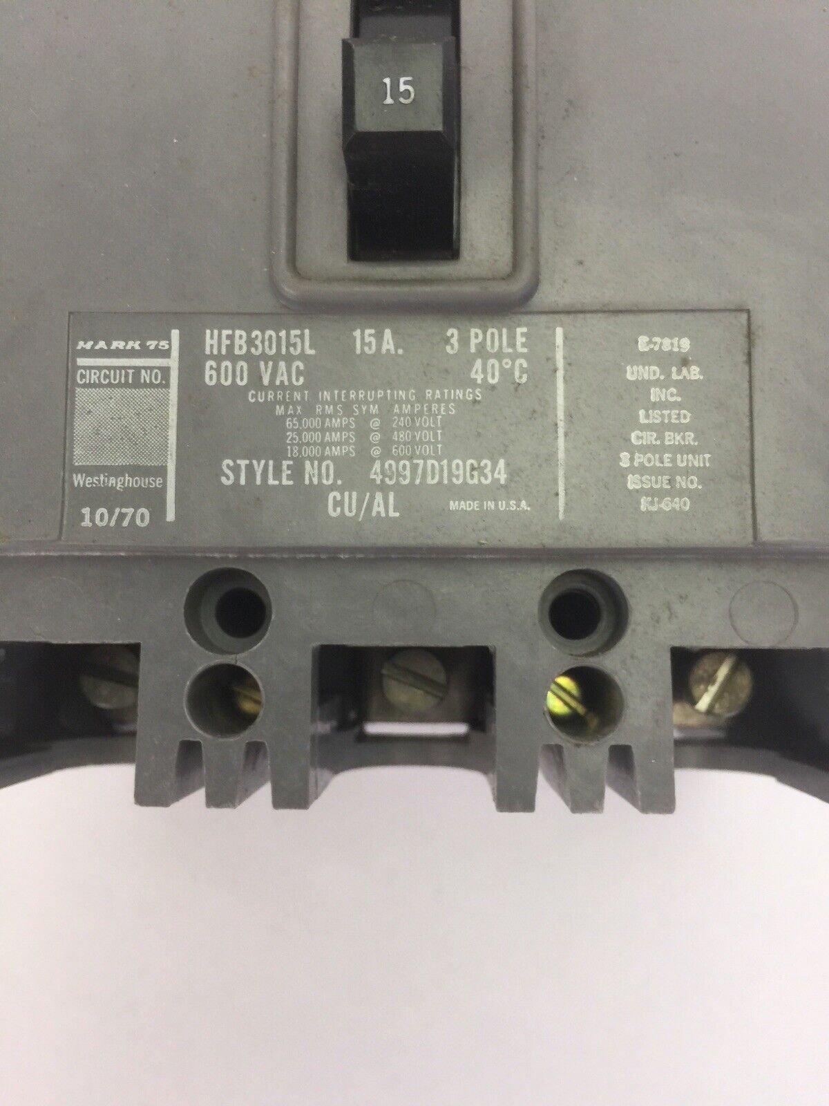 WESTINGHOUSE HFB3015L AB DE-ION CIRCUIT BREAKER 15A 600VAC 3POLE 4997D19G34
