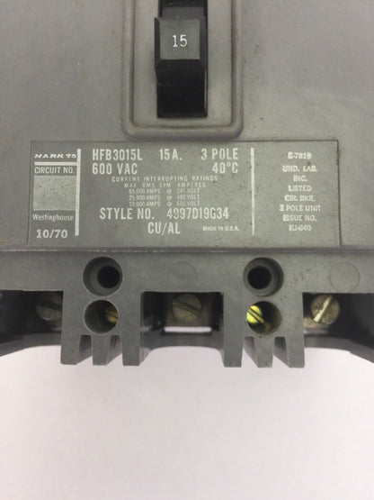 WESTINGHOUSE HFB3015L AB DE-ION CIRCUIT BREAKER 15A 600VAC 3POLE 4997D19G34