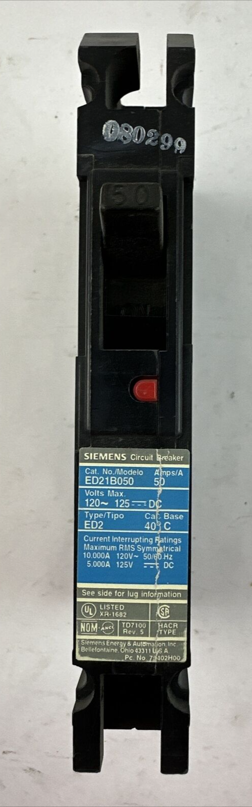 SIEMENS ED21B050 CIRCUIT BREAKER 120VAC 125VDC 50AMP 1POLE