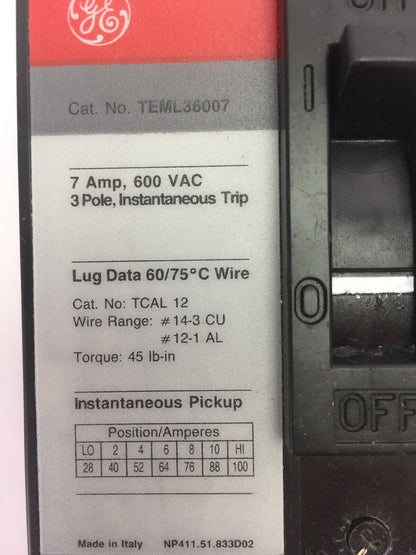 GE TEML36007 MAG-BREAK CIRCUIT BREAKER 7AMP 600VAC 3 POLE INSTANTANEOUS TRIP