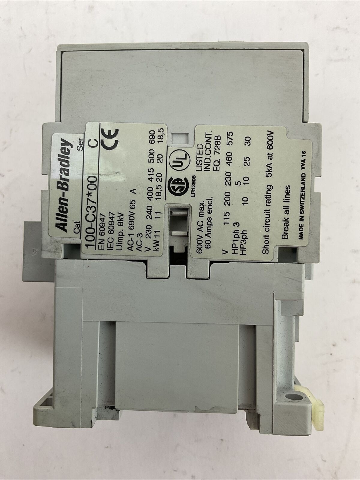 ALLEN BRADLEY 100-C37*00 SER C CONTACTOR 600VAC 60AMP 30HP 3PH COIL 120V 100-S