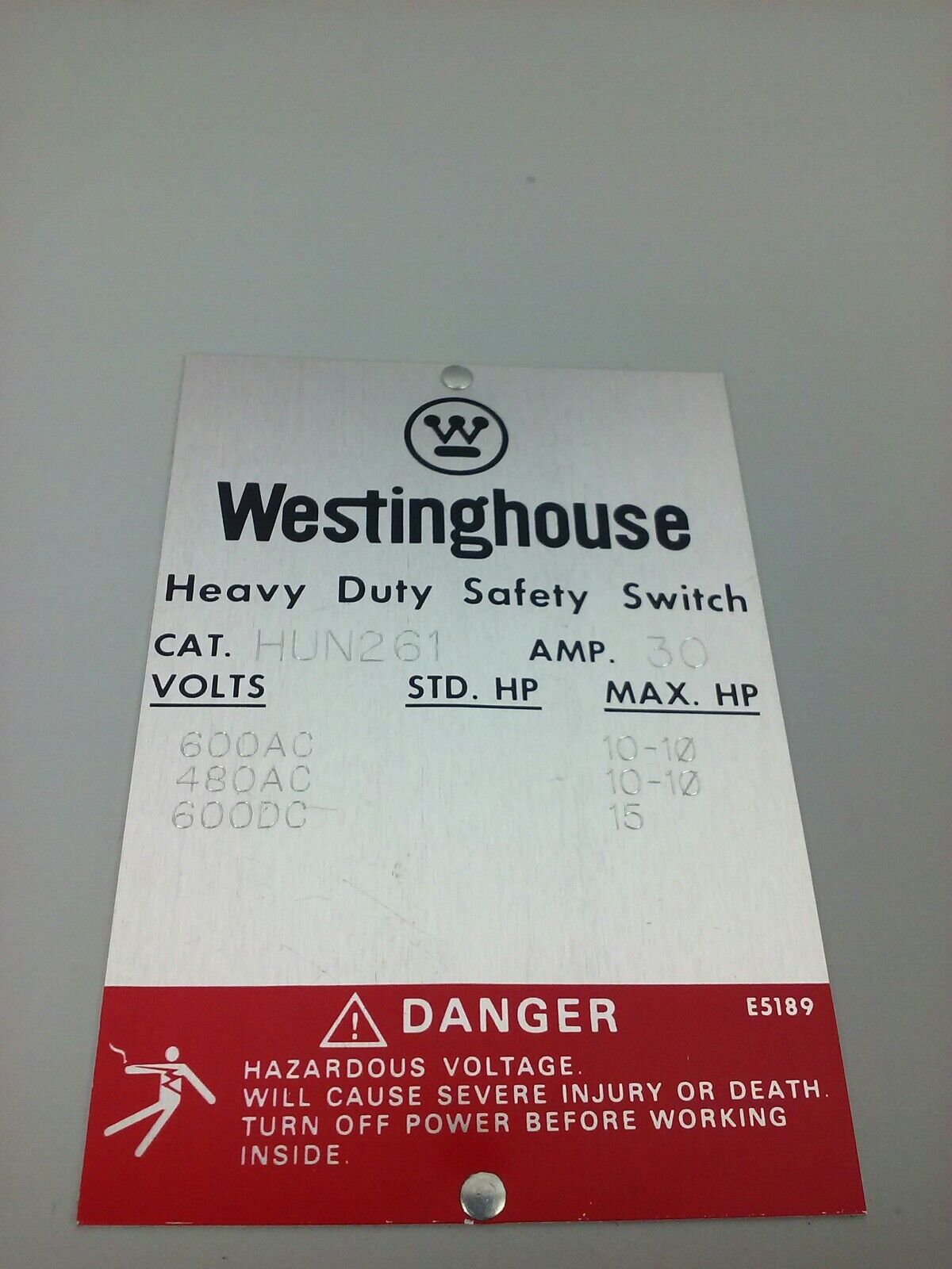 WESTINGHOUSE HEAVY DUTY SAFETY SWITCH HUN261 30A, 600/480VAC/600DC, 2P, INDOOR