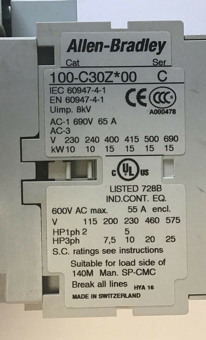 ALLEN BRADLEY 100-C30Z*00 CONTACTOR SER.C 600VAC 55A W/100-S & 100-FSD250