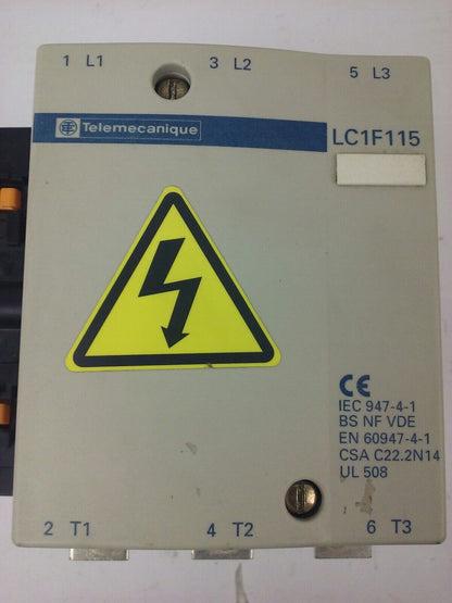 TELEMECANIQUE LC1F115 CONTACTOR, 3PH, 600V, 175A, 100HP, W/ LX1FF020 20/24V COIL