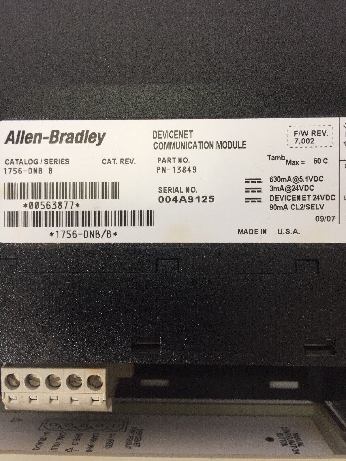 ALLEN BRADLEY 1756-DNB DEVICENET COMMUNICATION MODULE SER B 24VDC F/W REV 7.002