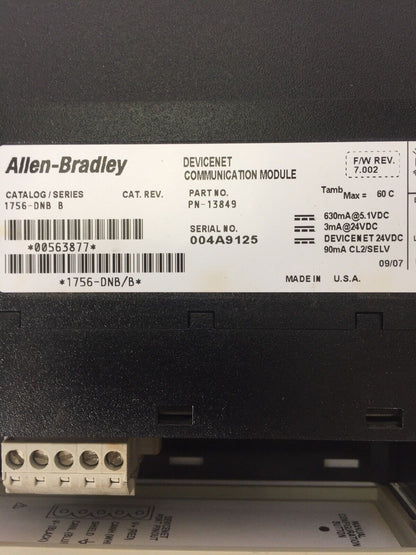 ALLEN BRADLEY 1756-DNB DEVICENET COMMUNICATION MODULE SER B 24VDC F/W REV 7.002