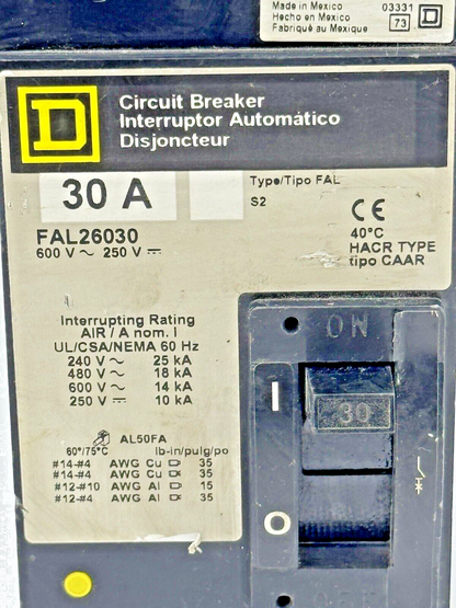 SQUARE D - FAL26030 - CIRCUIT BREAKER - 2 POLE/30A/600VAC/HACR TYPE