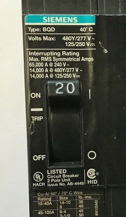 SIEMENS BQD220 CIRCUIT BREAKER 20AMP